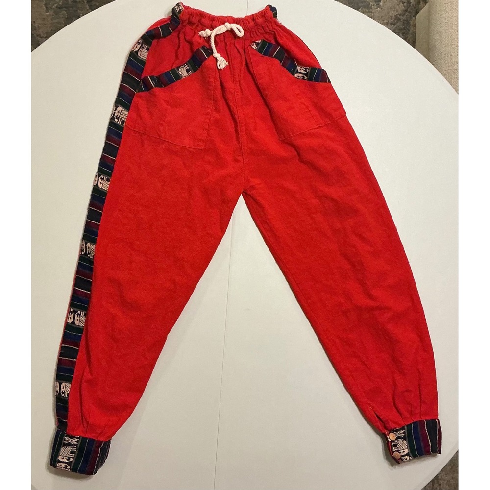 Handmade Red Boho Harem Pants Elephant Plaid Trim Drawstring Waist Button Cuffs